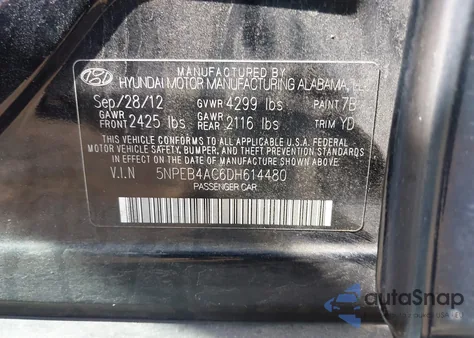 2013 Hyundai Sonata Gls z USA, uszkodzony, nr VIN 5NPEB4AC6DH614480